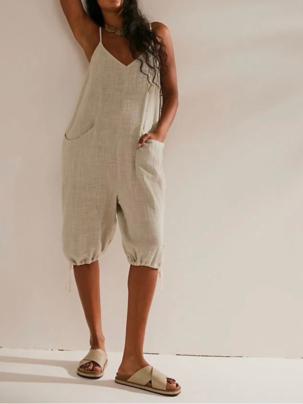 Free People Cream Linen-Texture Drawstring Hem Jumpsuit